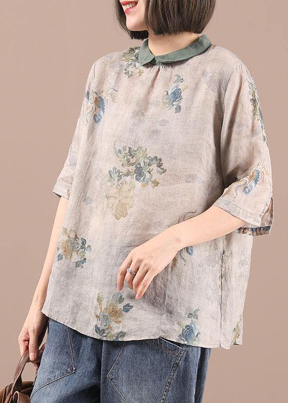 Simple Grey Green retro Print Summer Linen Shirt Half Sleeve - Omychic