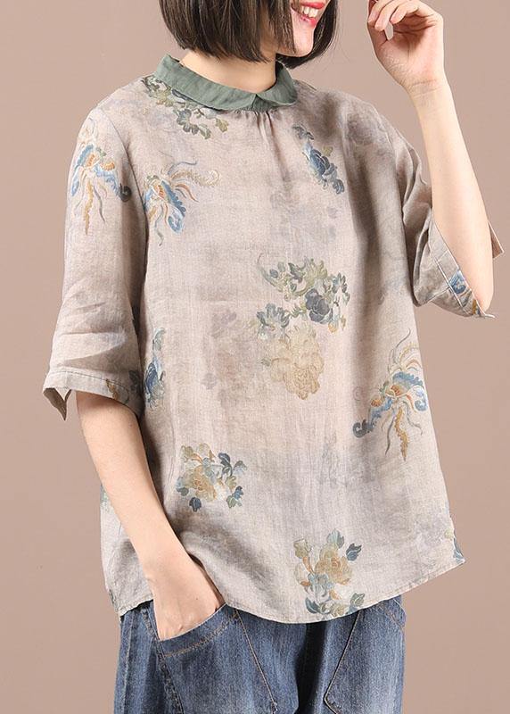 Simple Grey Green retro Print Summer Linen Shirt Half Sleeve - Omychic