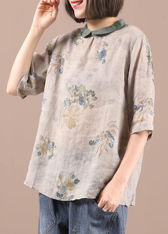 Simple Grey Green retro Print Summer Linen Shirt Half Sleeve - Omychic