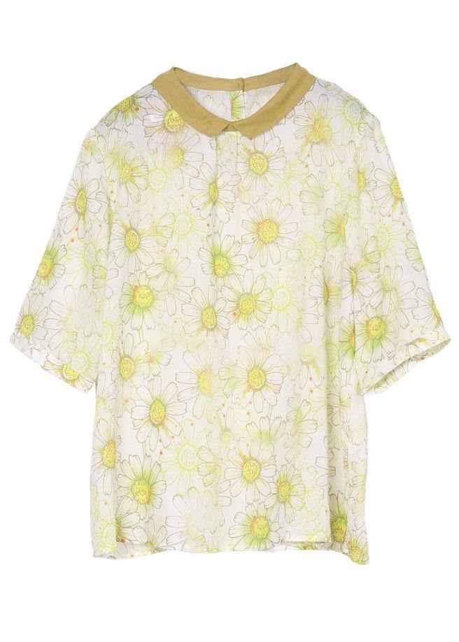 Simple Grey Green retro Print Summer Linen Shirt Half Sleeve - Omychic