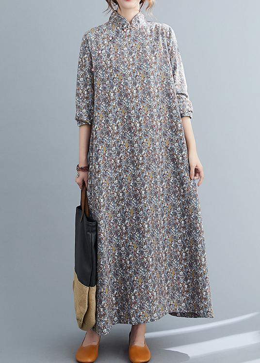 Simple Grey Print Cotton Oriental Long sleeve Spring Long Dresses - Omychic