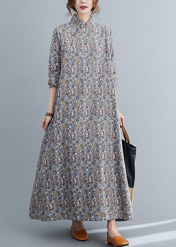 Simple Grey Print Cotton Oriental Long sleeve Spring Long Dresses - Omychic