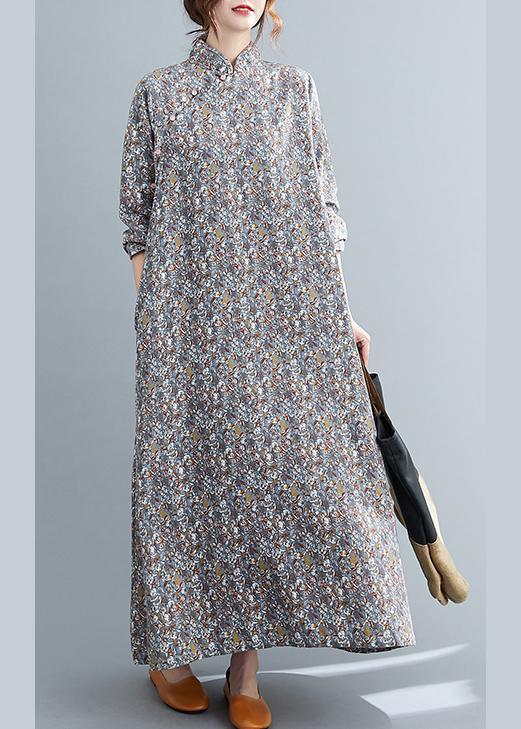 Simple Grey Print Cotton Oriental Long sleeve Spring Long Dresses - Omychic