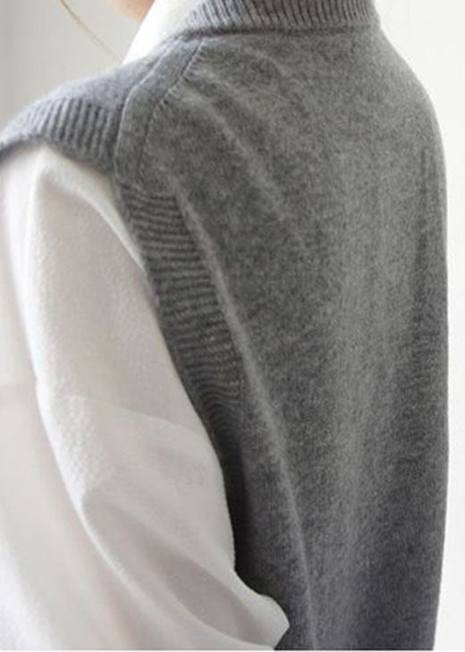 Simple Grey V Neck Woolen Tanks Sleeveless