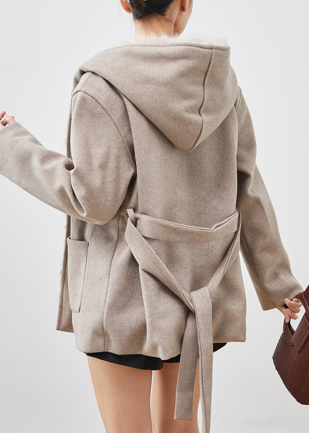 Simple Khaki Hooded Pockets Woolen Coat Fuzzy Fox Lined Winter