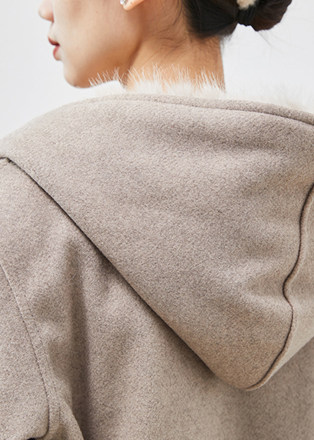 Simple Khaki Hooded Pockets Woolen Coat Fuzzy Fox Lined Winter