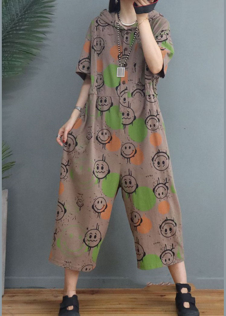 Simple Khaki Hooded Print Cotton Jumpsuits Half Sleeve