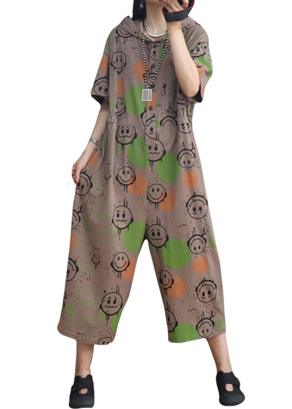 Simple Khaki Hooded Print Cotton Jumpsuits Half Sleeve