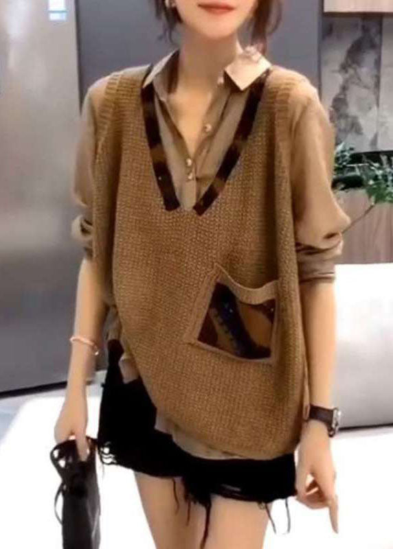 Simple Khaki Loose V Neck Pockets Fall Knit Vest