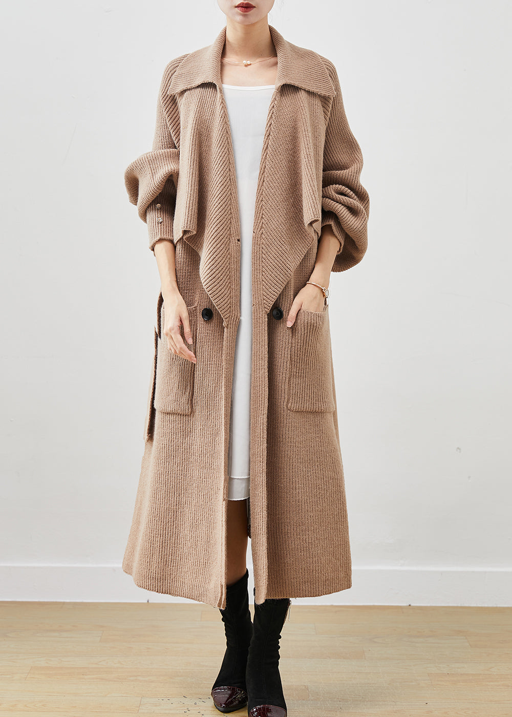 Simple Khaki Notched Oversized Pockets Knit Trench Spring