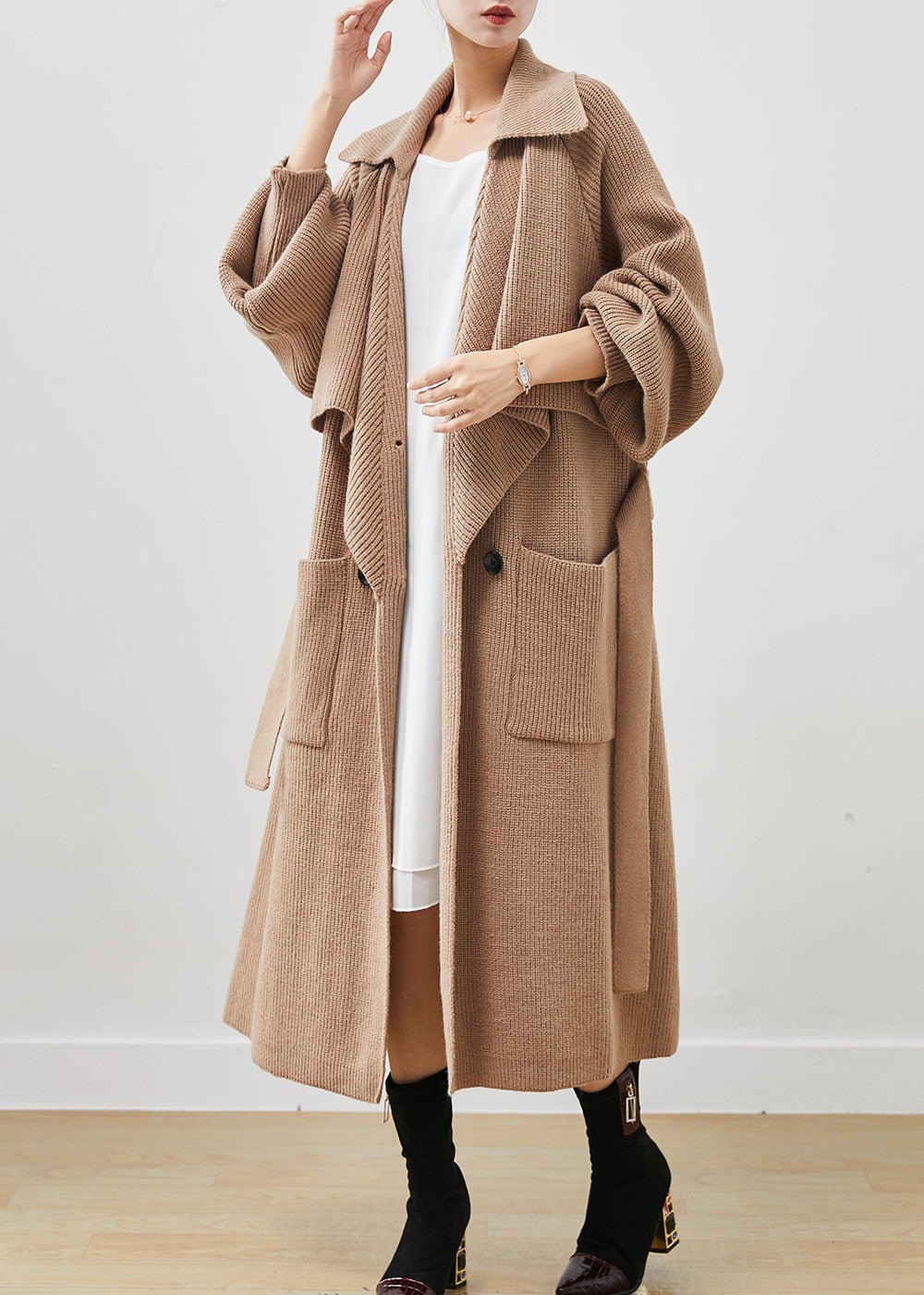 Simple Khaki Notched Oversized Pockets Knit Trench Spring