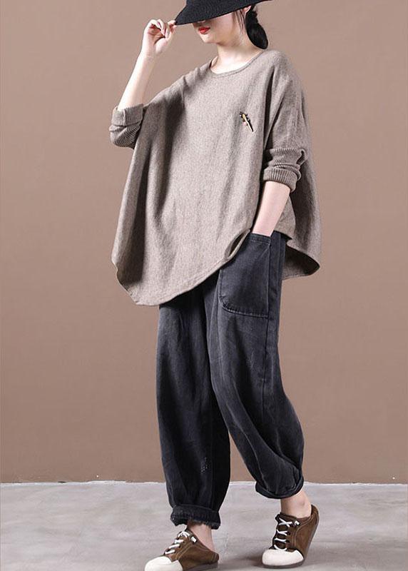 Simple Khaki O-Neck Asymmetrical Design Fall Knitted Top - Omychic