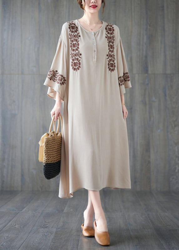 Simple Khaki O-Neck Embroideried Cotton Ankle Dress Flare Sleeve