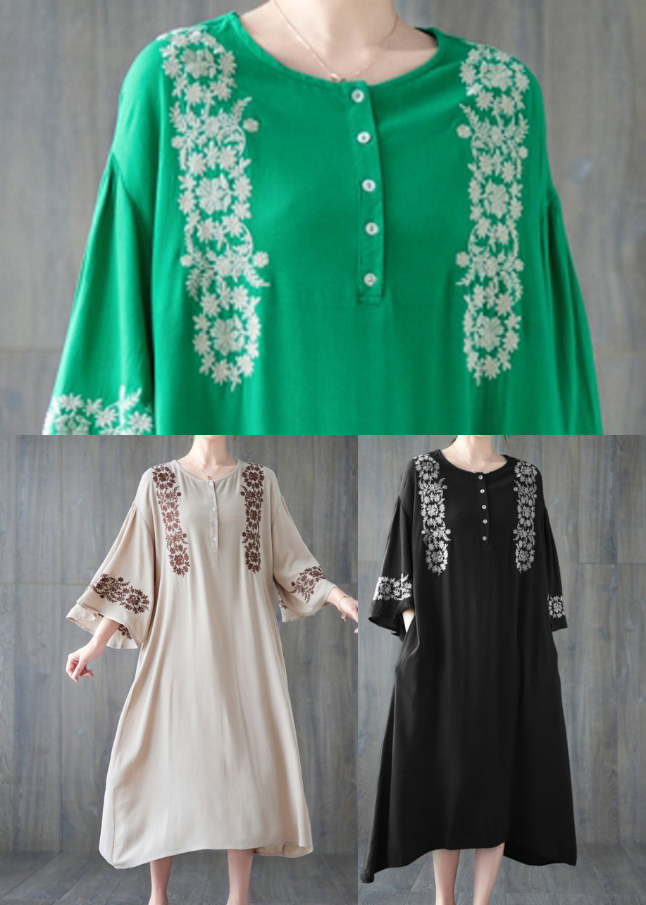 Simple Khaki O-Neck Embroideried Cotton Ankle Dress Flare Sleeve