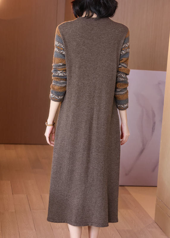 Simple Khaki O-Neck Print Cashmere Knitted Dress Long Sleeve