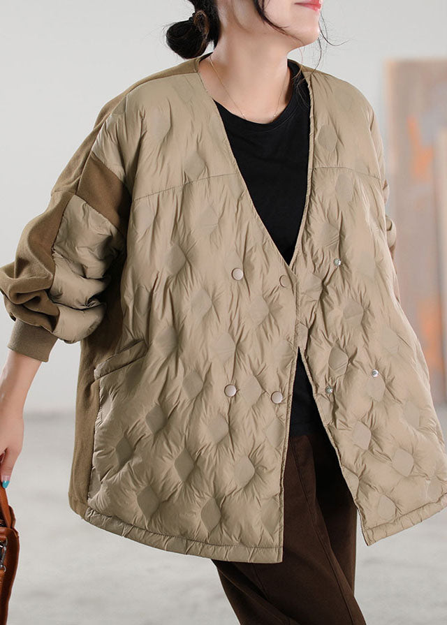 Simple Khaki V Neck Patchwork Duck Down down coat Winter