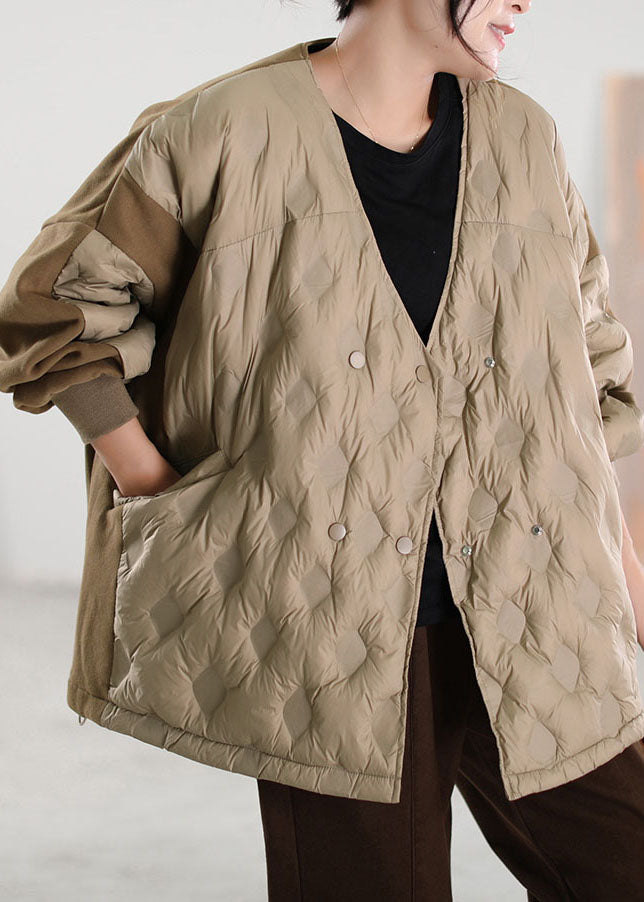 Simple Khaki V Neck Patchwork Duck Down down coat Winter