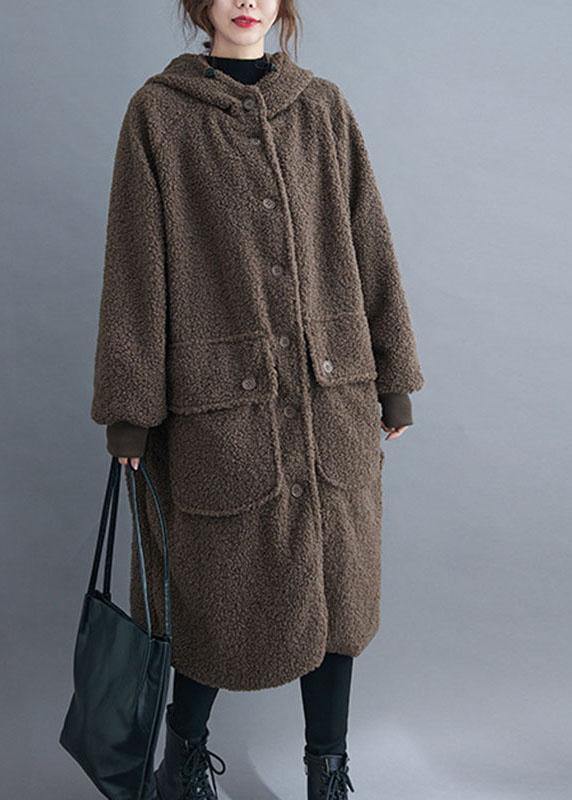 Simple Khaki hooded Pockets Button Winter Long sleeve parka - Omychic