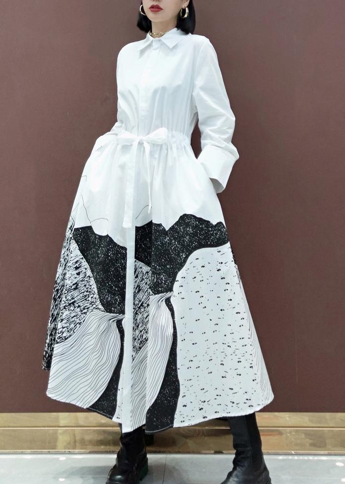 Simple Lapel Drawstring Spring Dresses Work Outfits White Print A Line Dress - Omychic