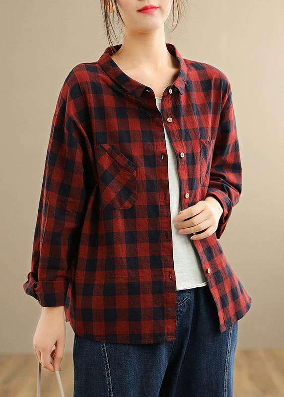 Pockets Spring Blouse Tops Red Plaid Shirts - Omychic