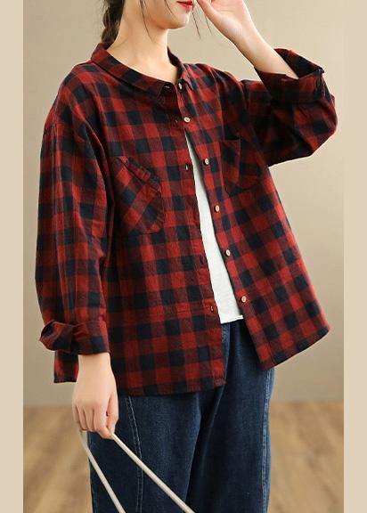 Pockets Spring Blouse Tops Red Plaid Shirts - Omychic