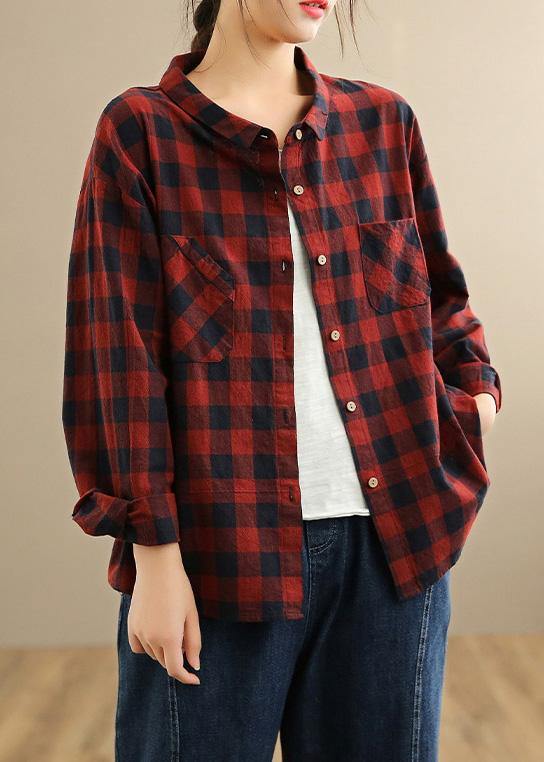 Pockets Spring Blouse Tops Red Plaid Shirts - Omychic