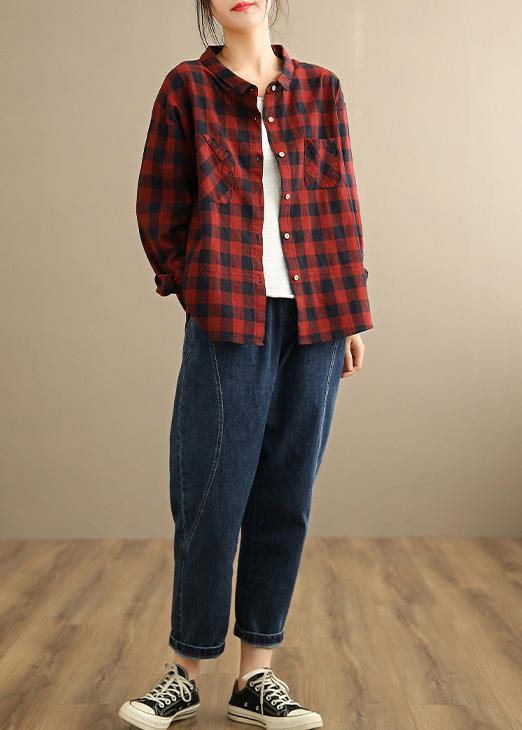 Pockets Spring Blouse Tops Red Plaid Shirts - Omychic