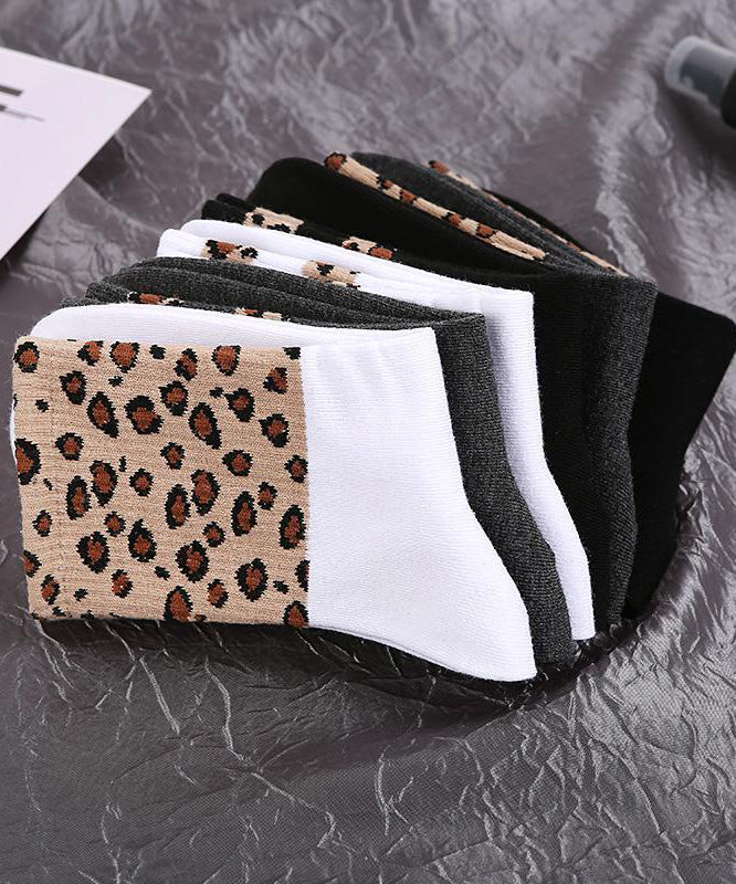 Simple Leopard Patchwork Cotton Mid Calf Socks