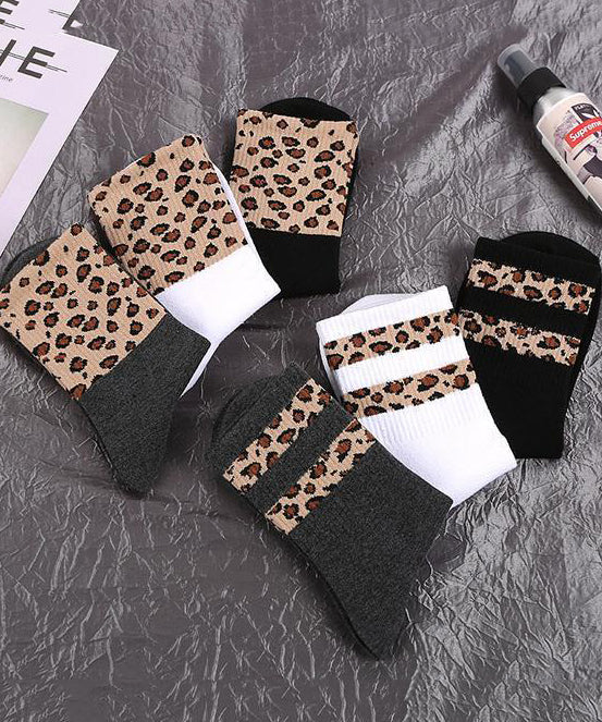 Simple Leopard Patchwork Cotton Mid Calf Socks