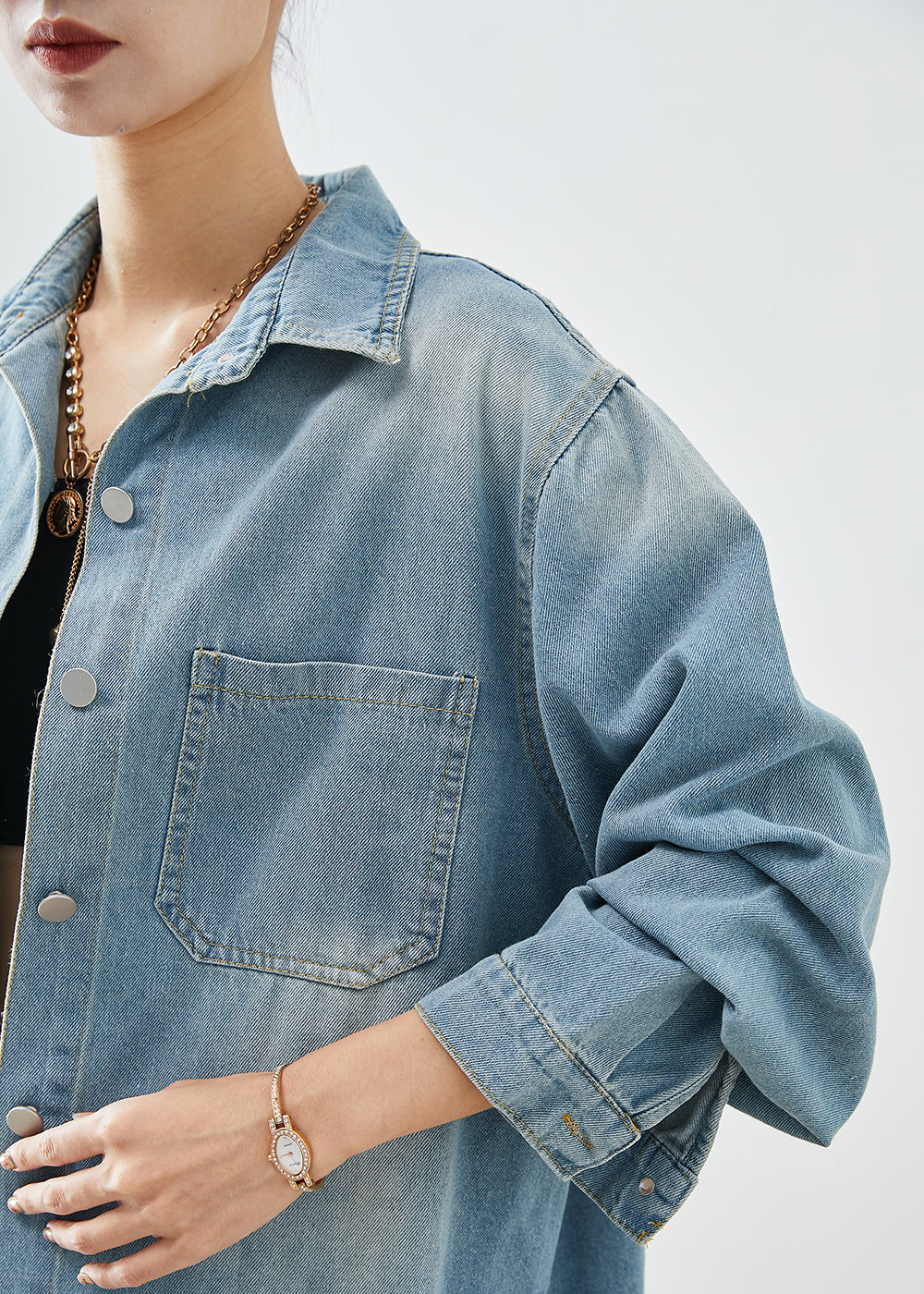 Simple Light Blue Oversized Pockets Denim Shirt Coats Fall