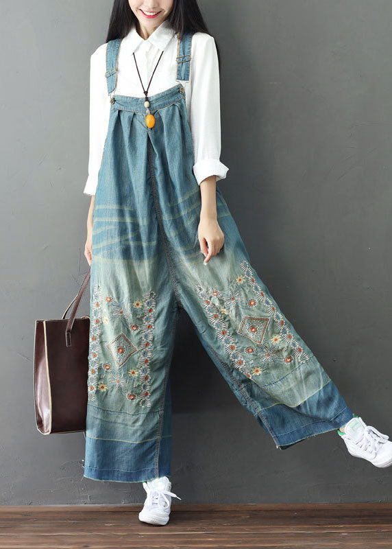 Simple Light Blue Patchwork Embroideried Denim Wide Leg Jumpsuit Spring