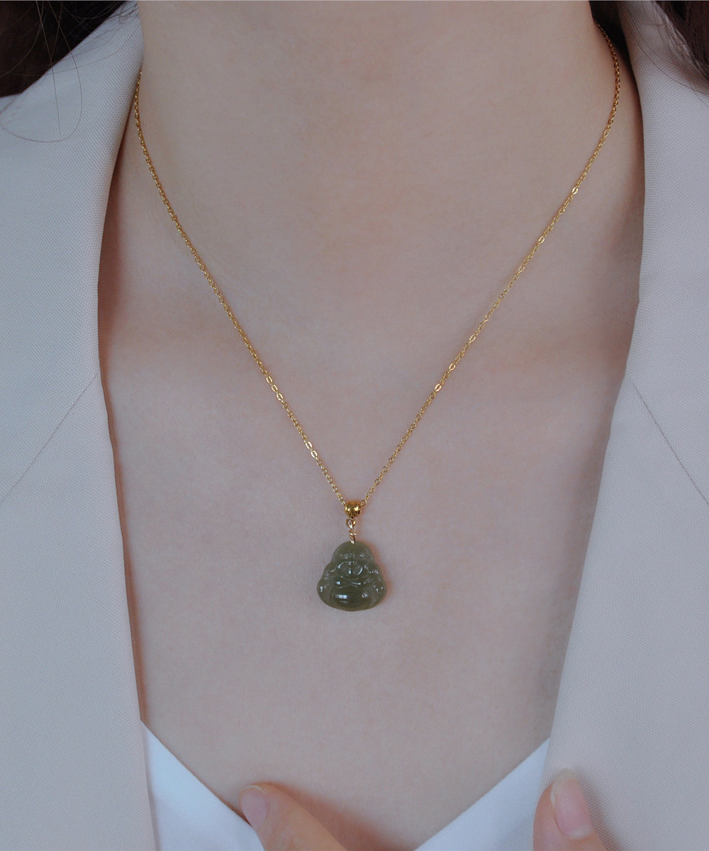 Simple Light Green Stainless Steel Jade Pendant Necklace
