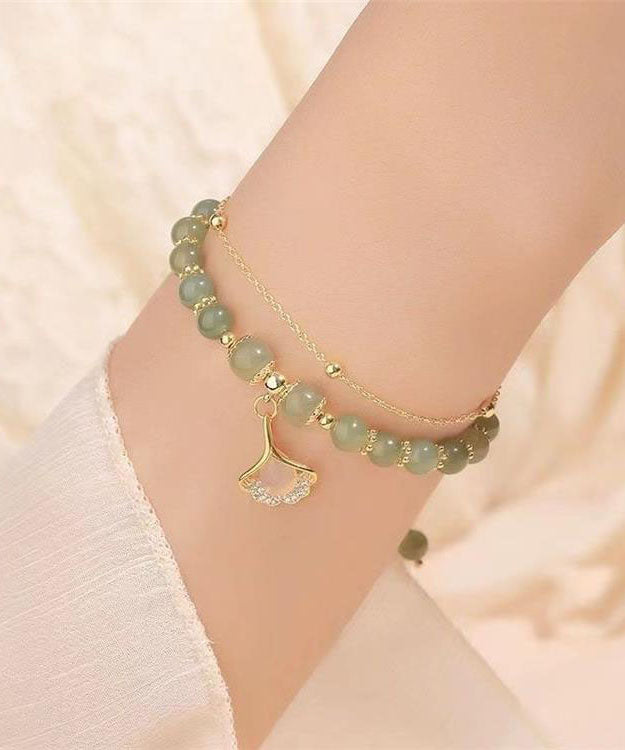 Simple Light Green Sterling Silver Overgild Zircon Jade Ginkgo Leaf Charm Bracelet