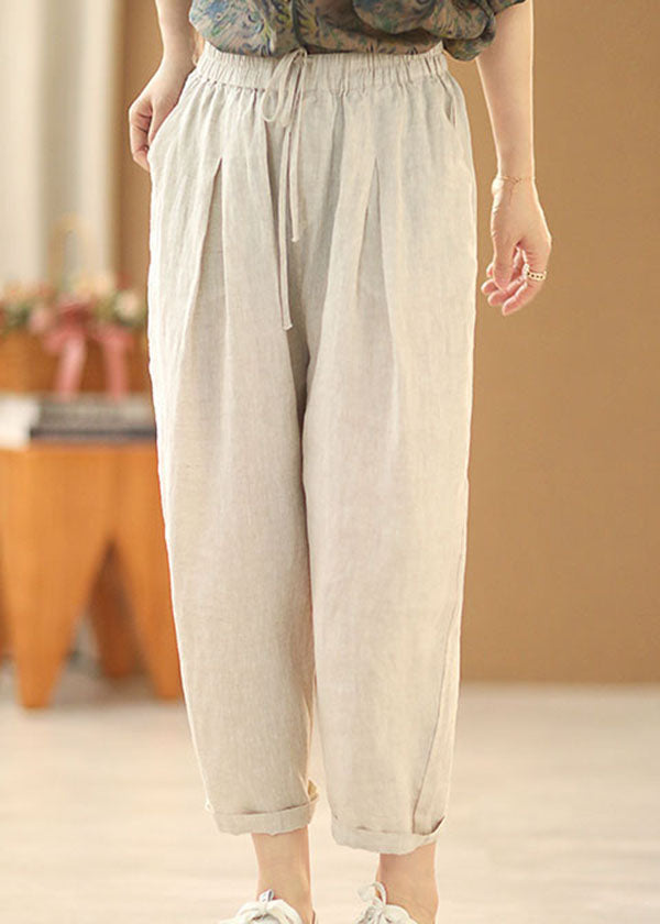 Simple Linen Color Elastic Waist Drawstring Pockets Solid Color Linen Harem Pants Summer