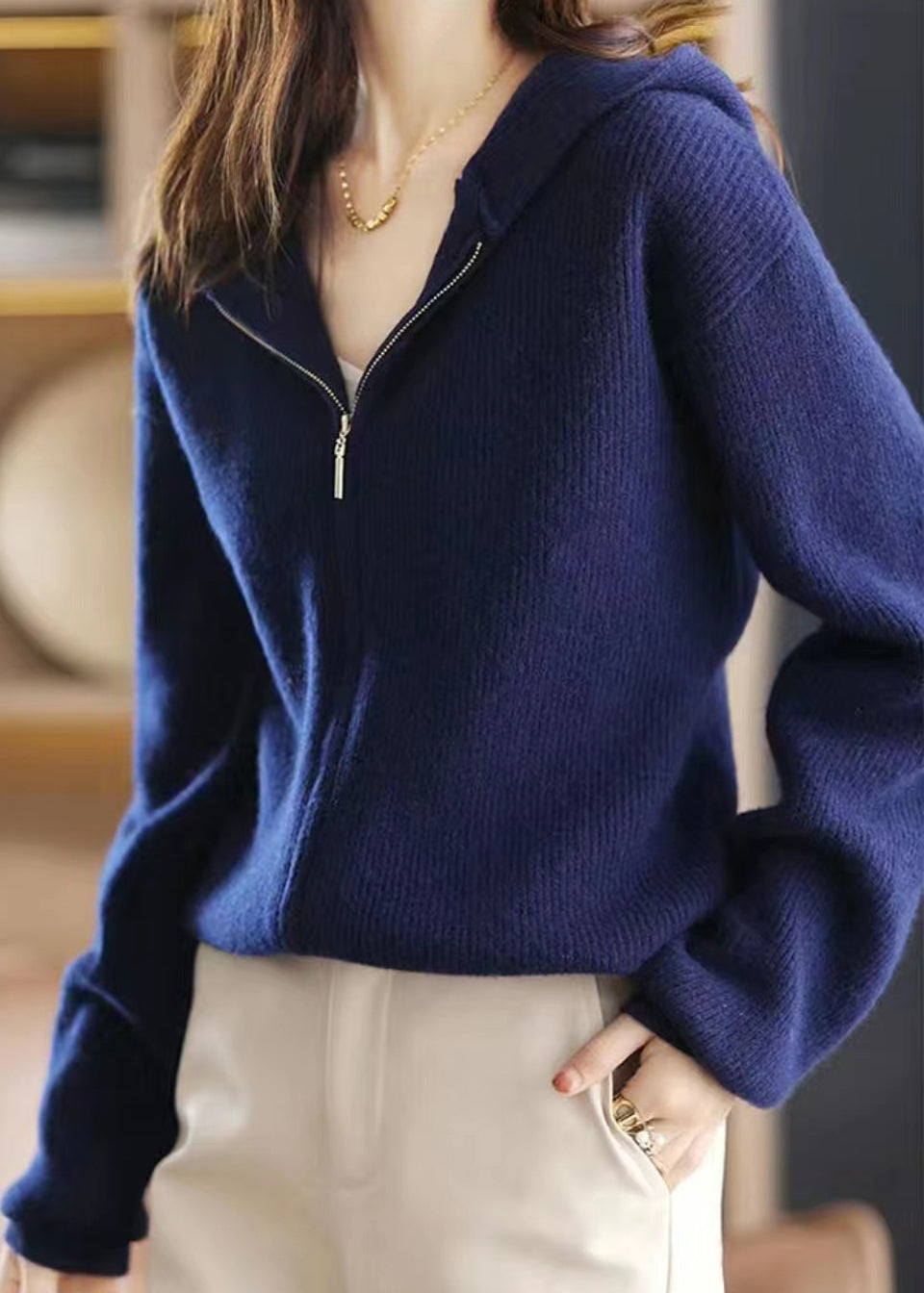 Simple Navy Zip Up Patchwork Hooded Woolen Knit Coats Fall