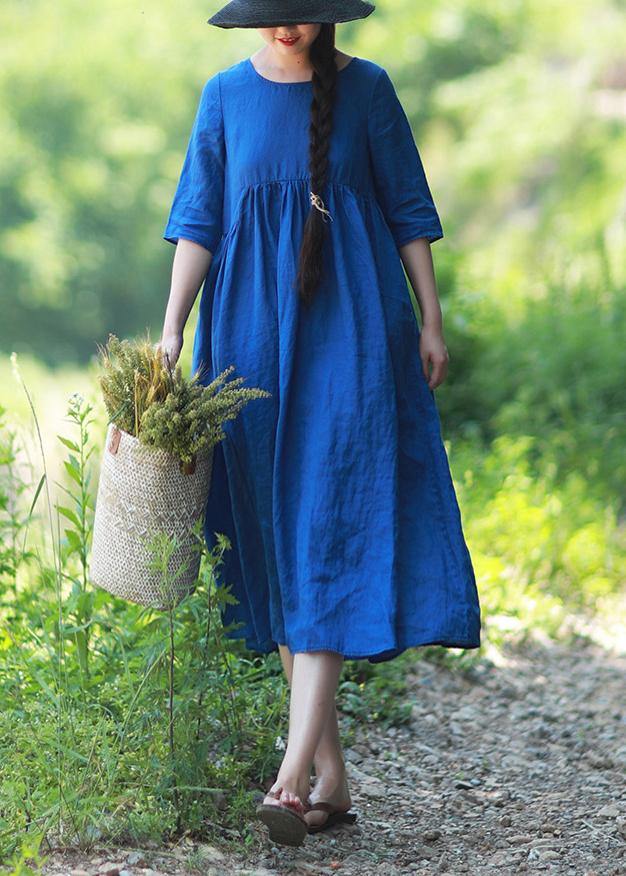 Simple O Neck Patchwork Summer Tunic Blue Vestidos De Lino Dress - Omychic