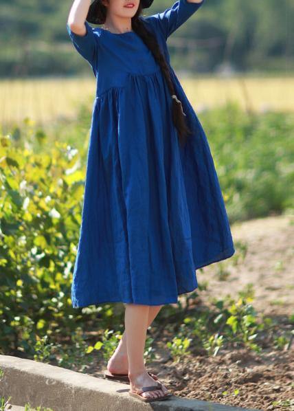Simple O Neck Patchwork Summer Tunic Blue Vestidos De Lino Dress - Omychic