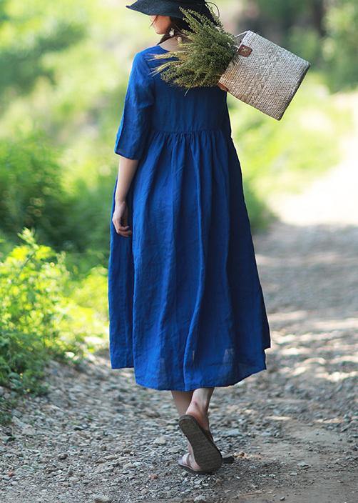 Simple O Neck Patchwork Summer Tunic Blue Vestidos De Lino Dress - Omychic