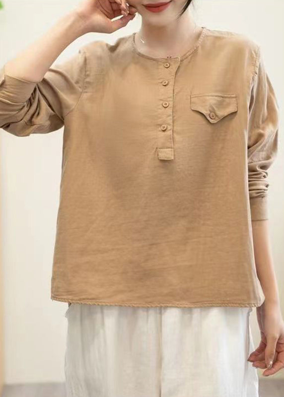 Simple Orange O-Neck Patchwork Button Tops Long Sleeve
