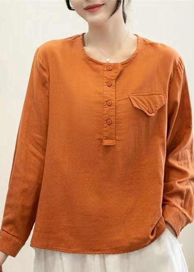 Simple Orange O-Neck Patchwork Button Tops Long Sleeve