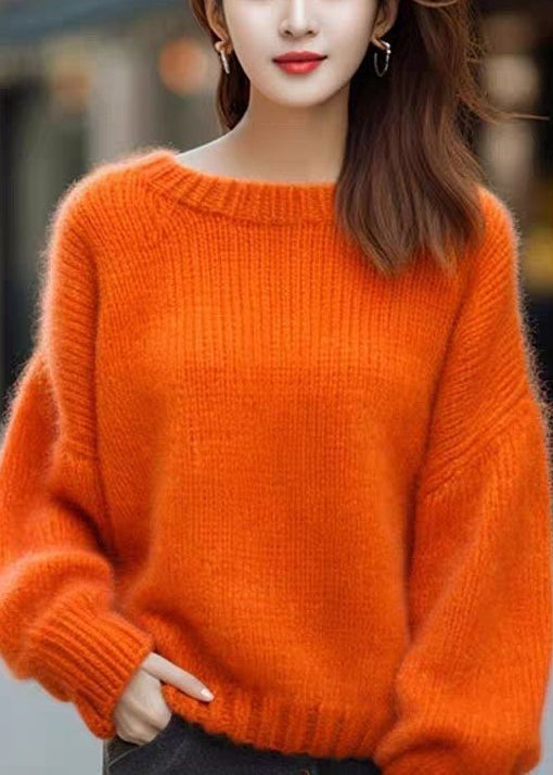 Simple Orange O Neck Solid Cozy Cotton Knit Sweaters Long Sleeve
