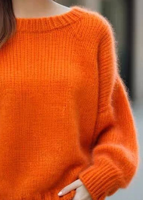 Simple Orange O Neck Solid Cozy Cotton Knit Sweaters Long Sleeve