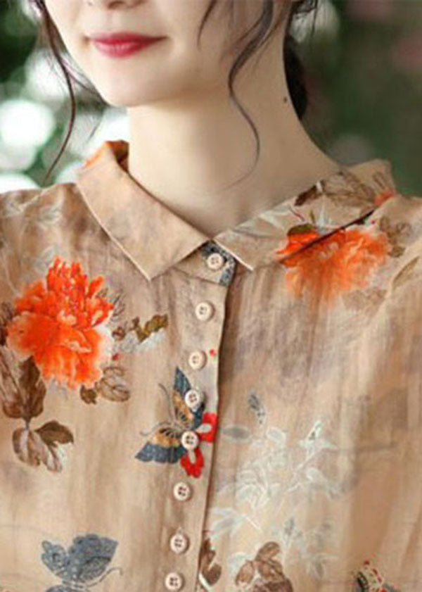 Simple Orange Peter Pan Collar Print Button Cotton Blouse Tops Long Sleeve