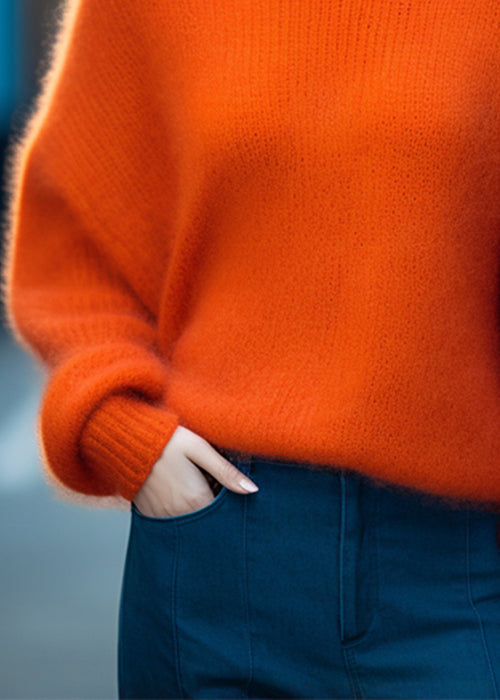 Simple Orange Turtleneck Solid Cotton Knit Top Long Sleeve