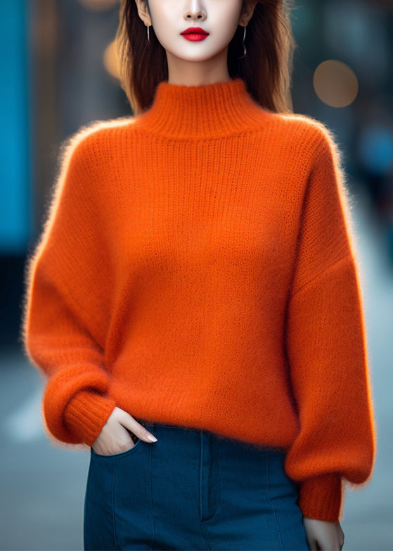 Simple Orange Turtleneck Solid Cotton Knit Top Long Sleeve