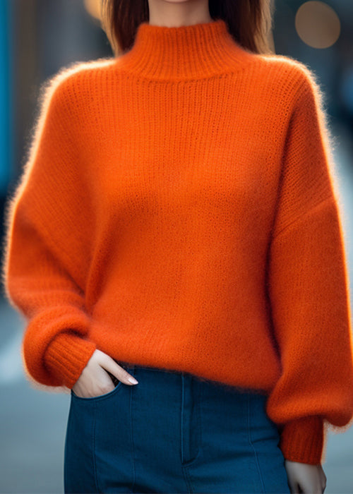 Simple Orange Turtleneck Solid Cotton Knit Top Long Sleeve