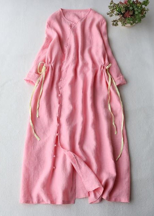 Simple Pink Button Lace Up Pockets Cotton Long Dress Spring