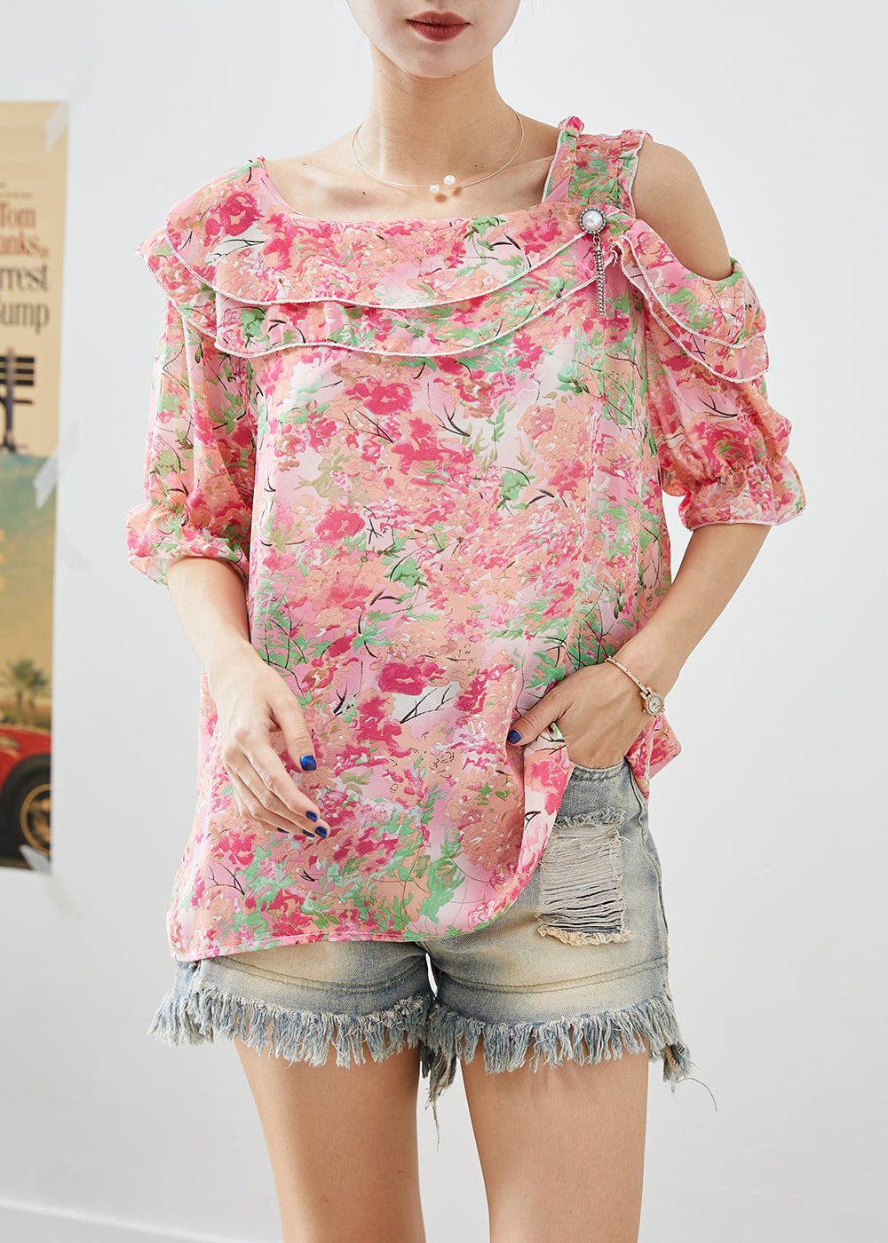 Simple Pink Cold Shoulder Print Chiffon Top Summer