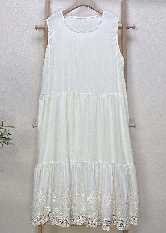 Simple Pink Embroideried Hollow Out Cotton Dress Sleeveless