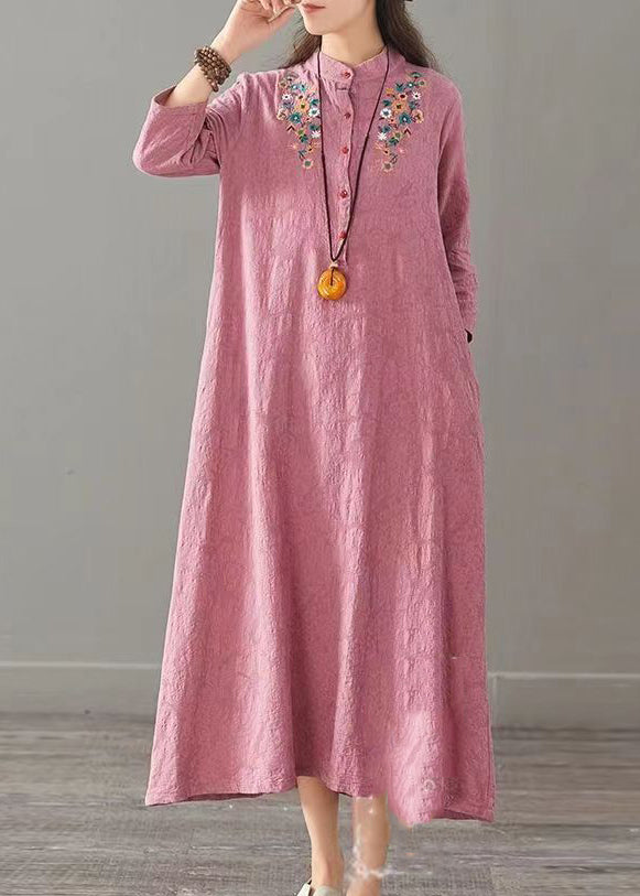 Simple Pink Embroideried Pockets Patchwork Cotton Dress Fall